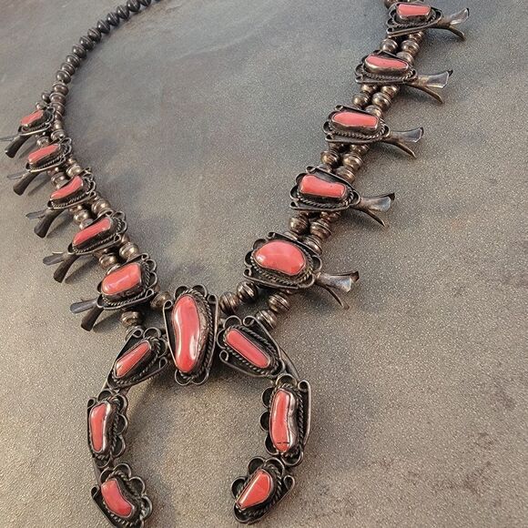 Vintage Navajo 1960's Red Coral Squash Blossom Necklace - Picture 5 of 11